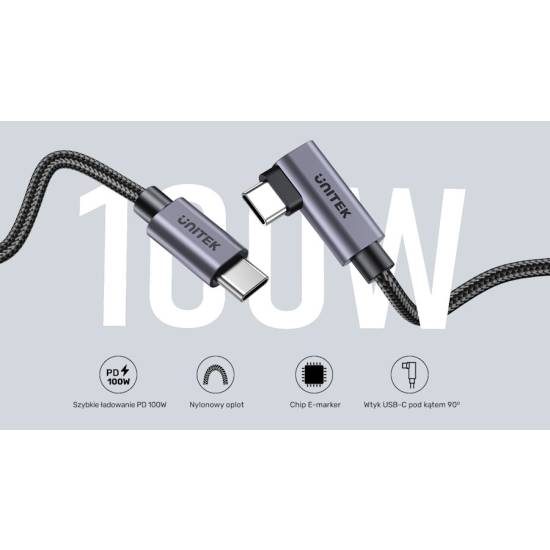 Kabel USB-C -> USB-C kątowy 5,0m PD 100W Unitek C14123BK-5M